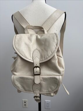Neutral Cream Faux-Leather Buckle Flap Backpack